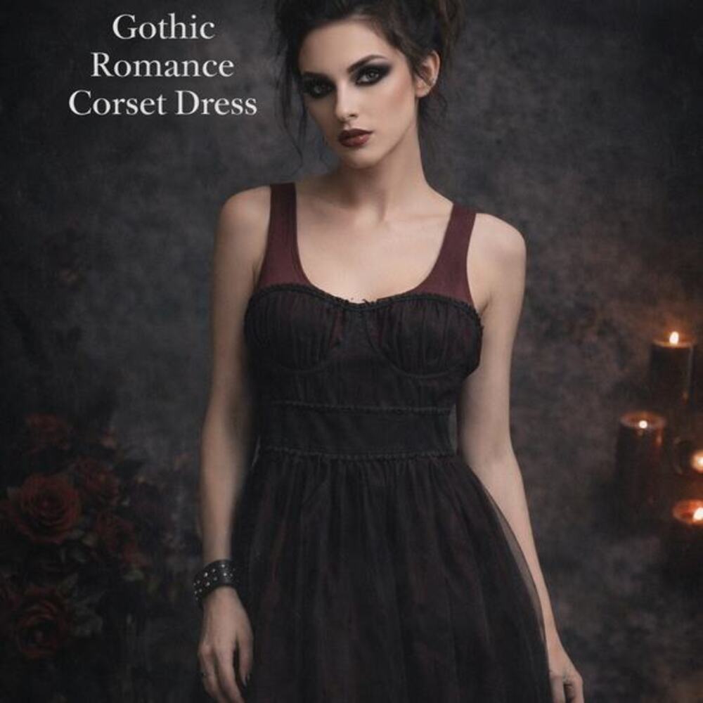 Twelve by Twelve Burgundy Black Corset Fit Flare Lace Mesh Dress Small
